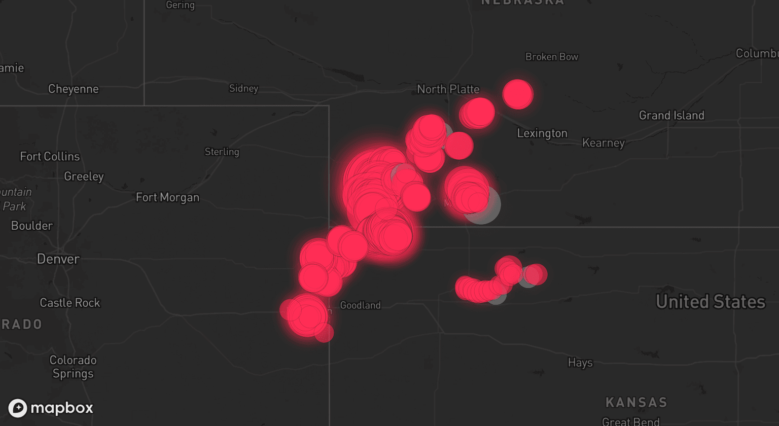 Storm map for 8 areas across Nebraska, Colorado, and Kansas