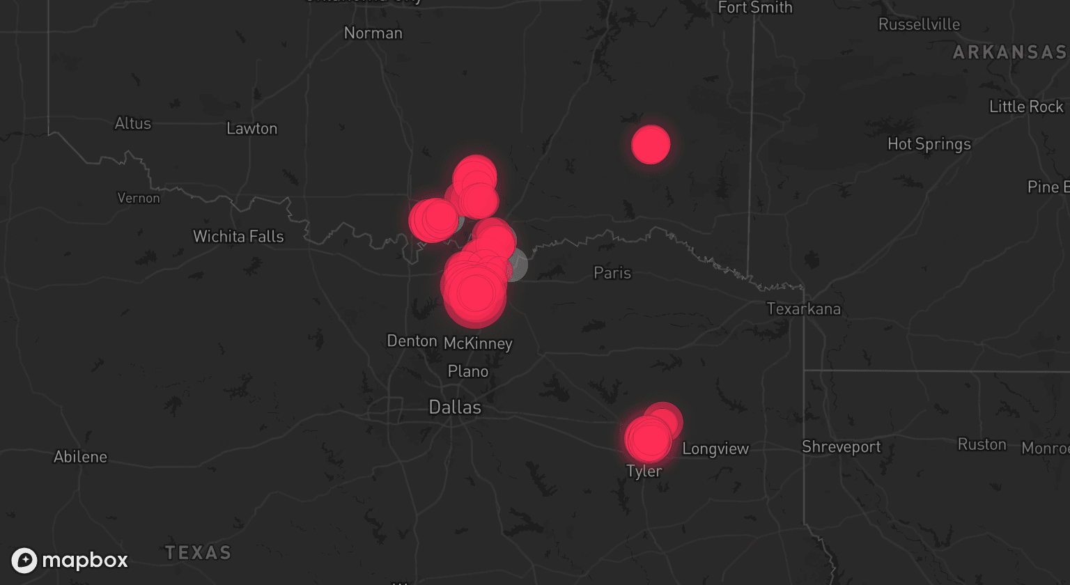 Storm map for 4 areas across Oklahoma and Texas
