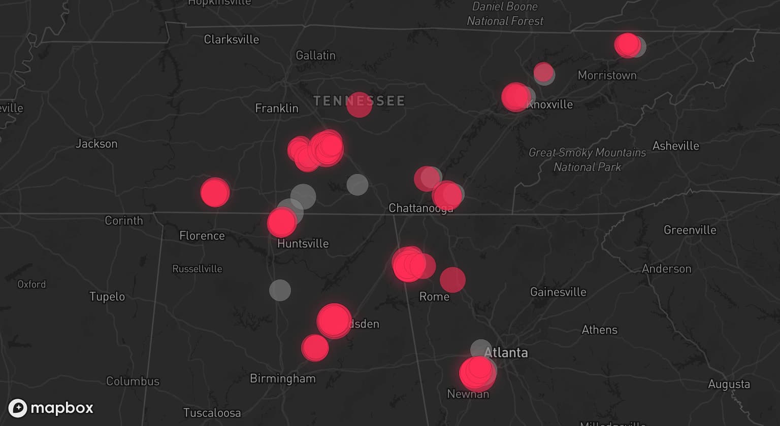 Storm map for 14 areas across Georgia, Tennessee, and Alabama