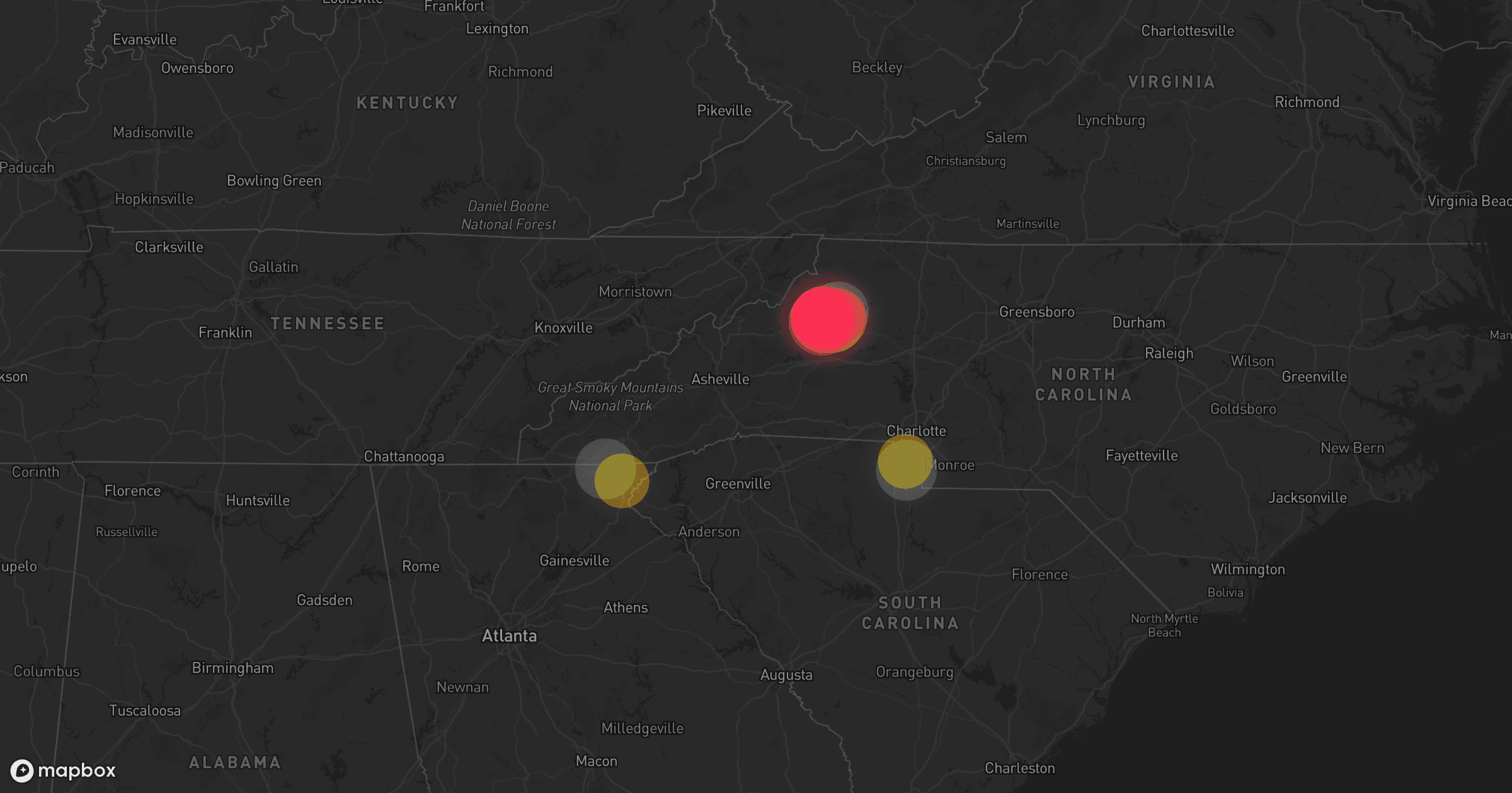 Storm map for 18 areas across North Carolina, Georgia, and South Carolina