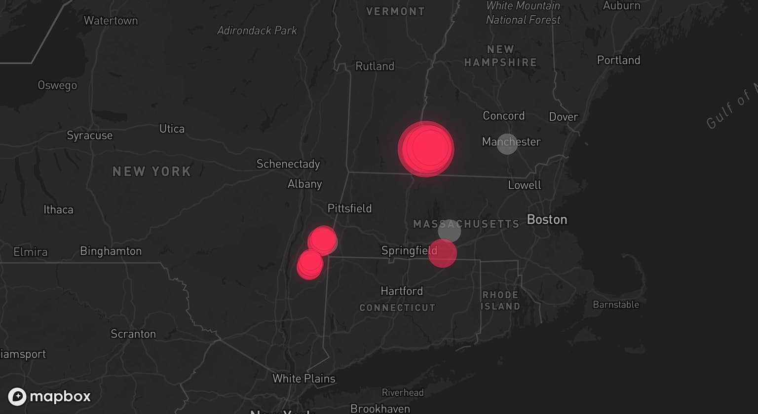Storm map for 3 areas across New York, Massachusetts, and New Hampshire