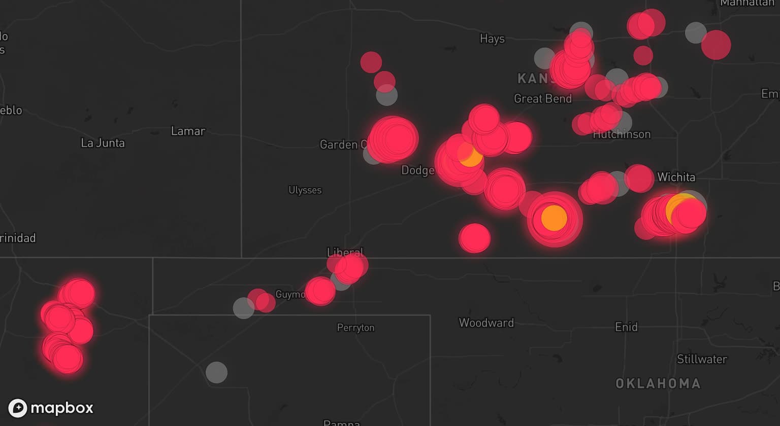 Storm map for 18 areas across Kansas, Oklahoma, and Texas