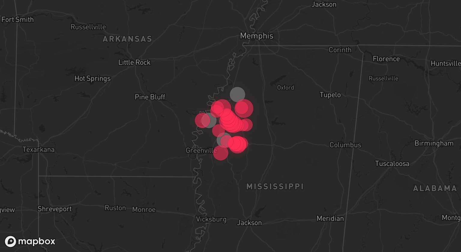 Storm map for 3 areas across Mississippi