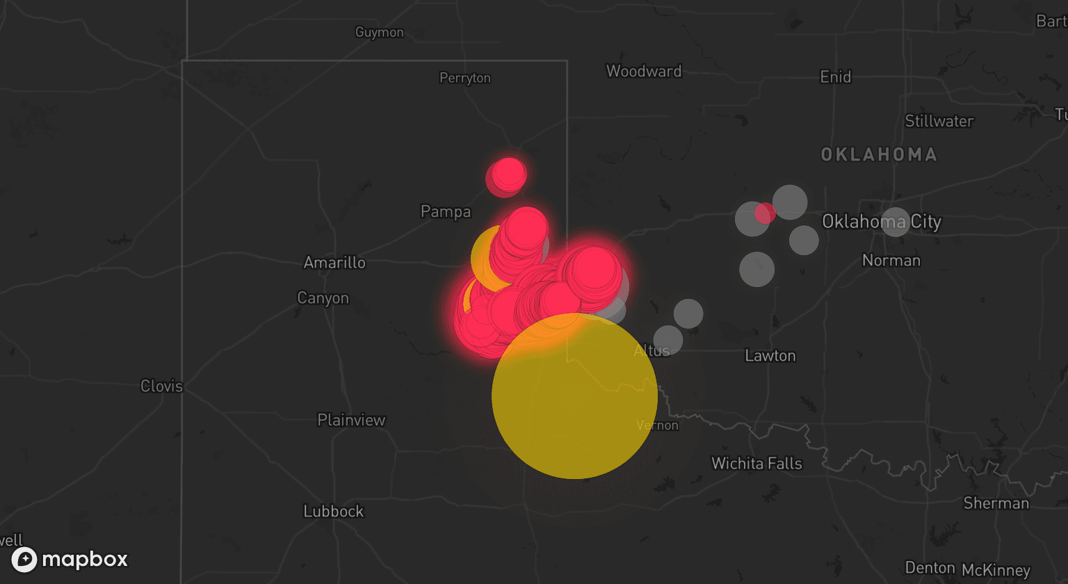Storm map for 14 areas across Oklahoma and Texas