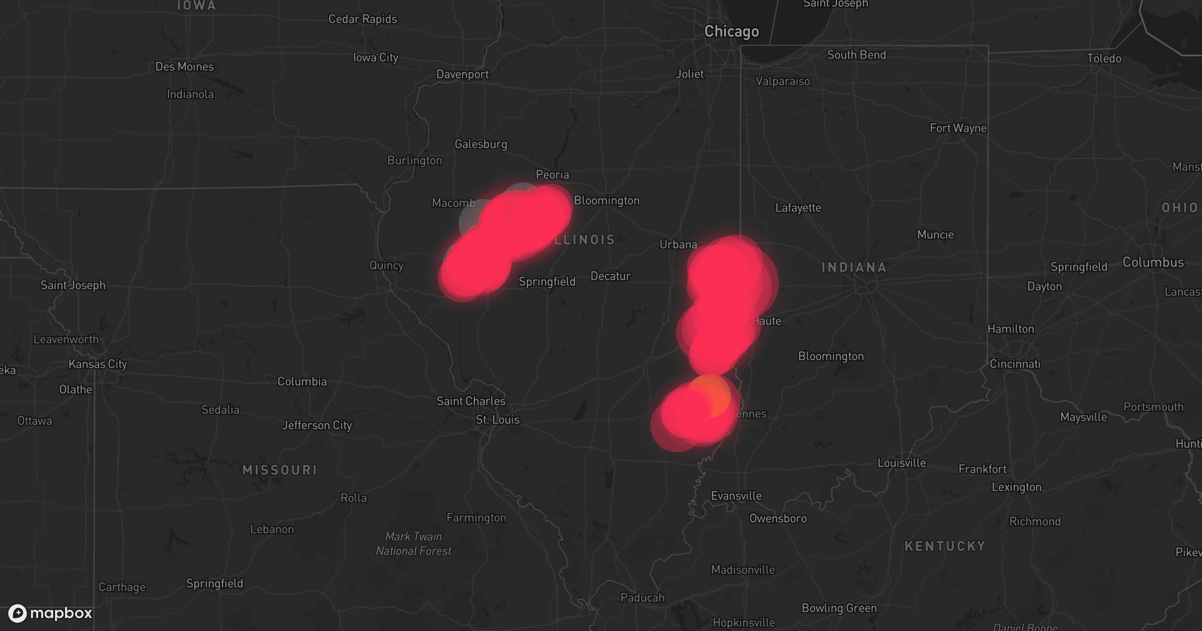 Storm map for 29 areas across Indiana, Kentucky, and Illinois