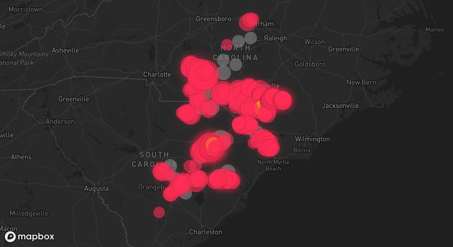 Storm map for 22 areas across South Carolina and North Carolina
