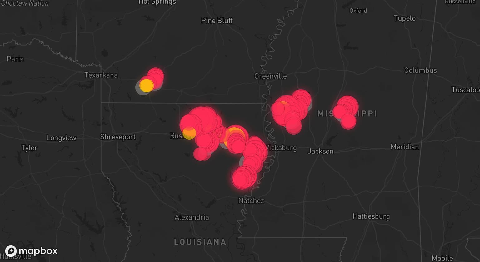 Storm map for 10 areas across Louisiana, Arkansas, and Mississippi