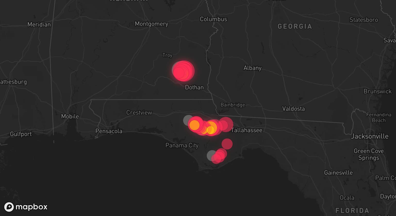 Storm map for 5 areas across Alabama and Florida