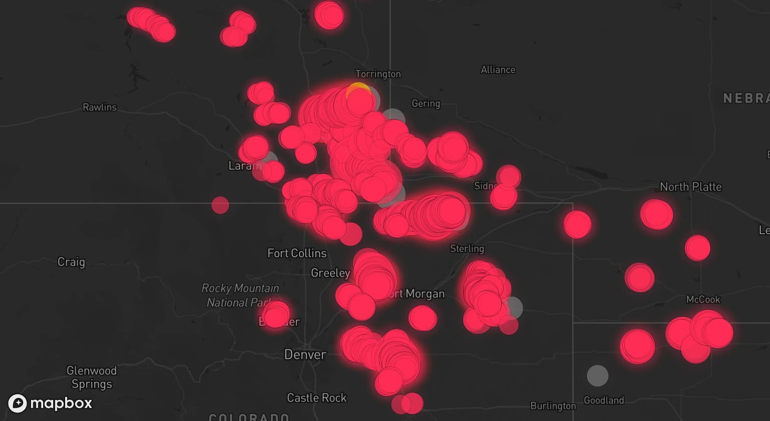 Storm map for 15 areas across Wyoming, Colorado, Nebraska, and Kansas
