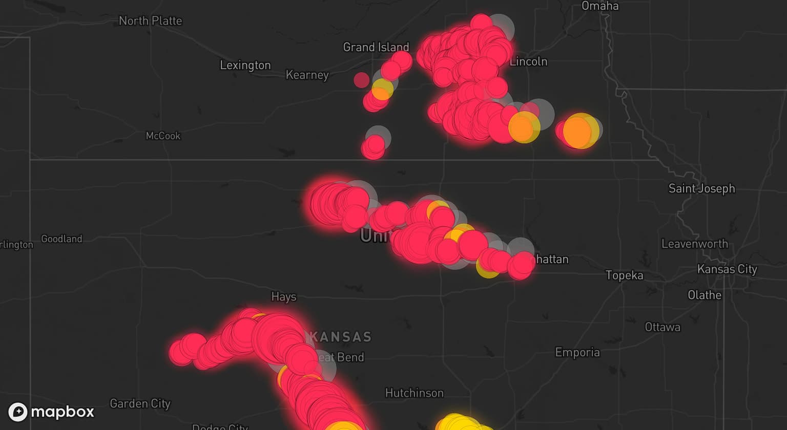Storm map for 38 areas across Kansas and Nebraska