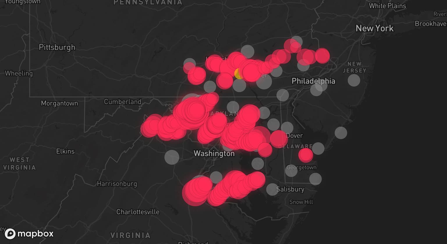 Storm map for 38 areas across Maryland, Virginia, Pennsylvania, West Virginia, New Jersey, and Delaware