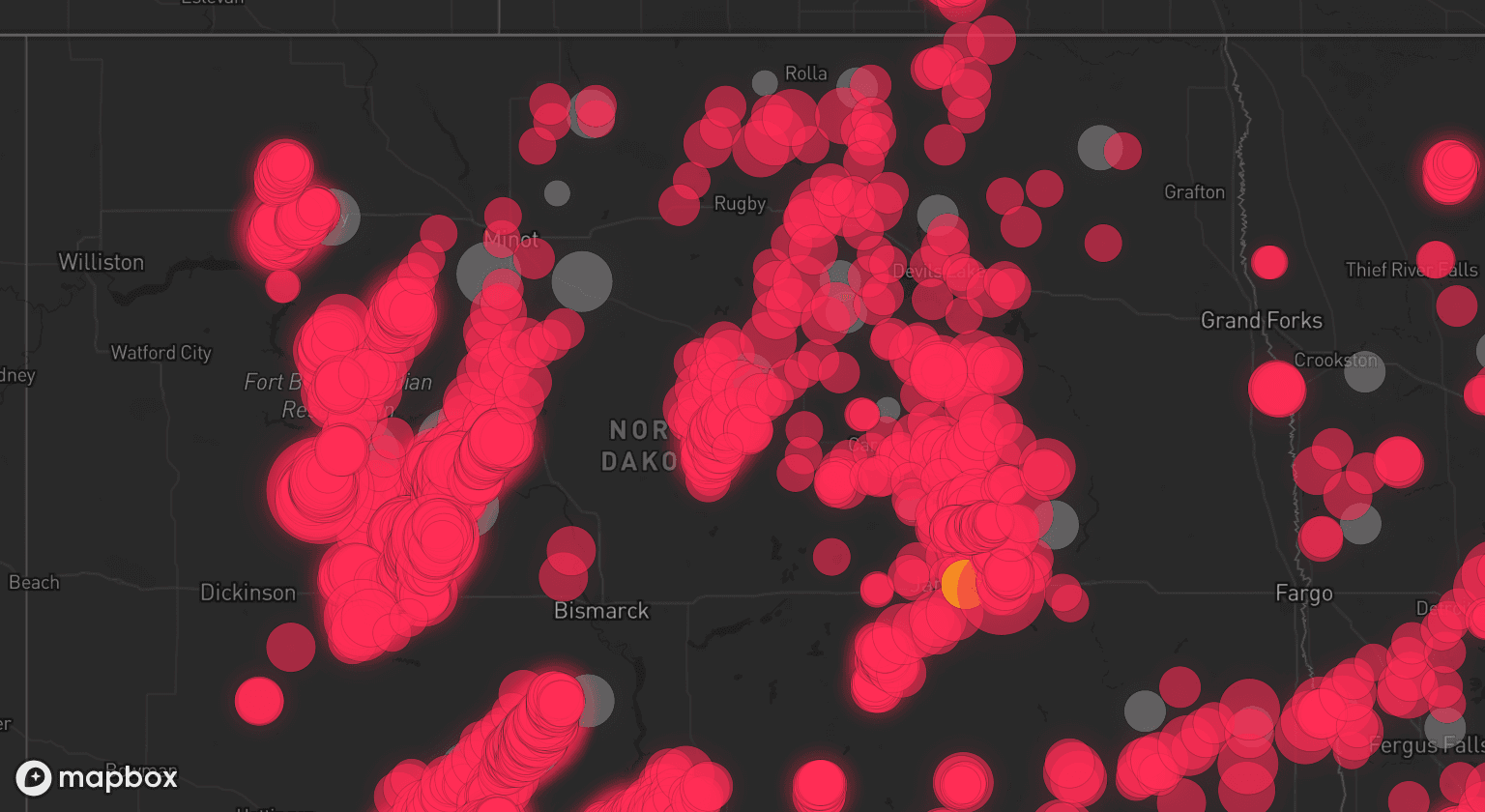 Storm map for 39 areas across North Dakota, Minnesota, and South Dakota