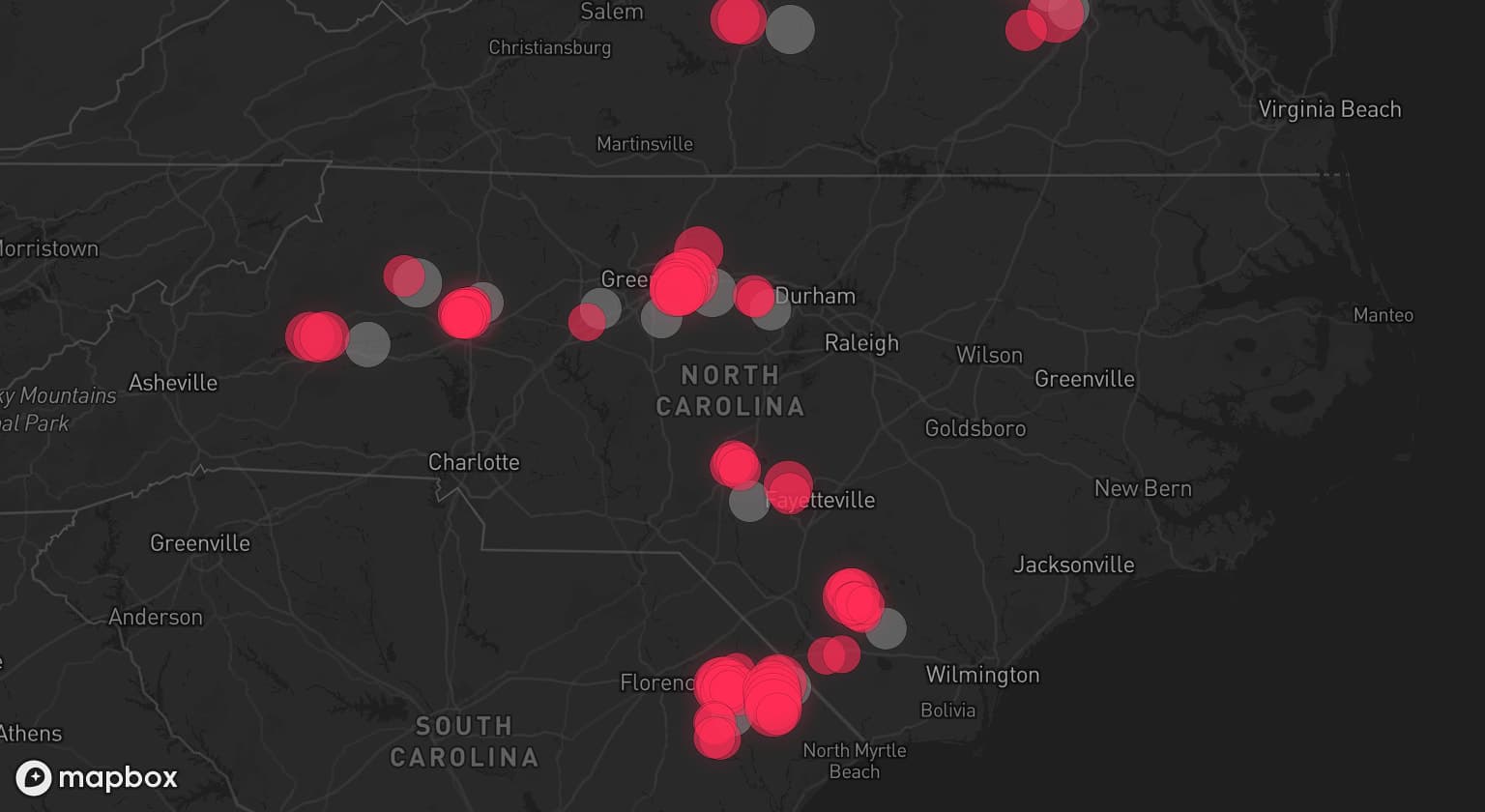 Storm map for 16 areas across North Carolina, Virginia, and South Carolina
