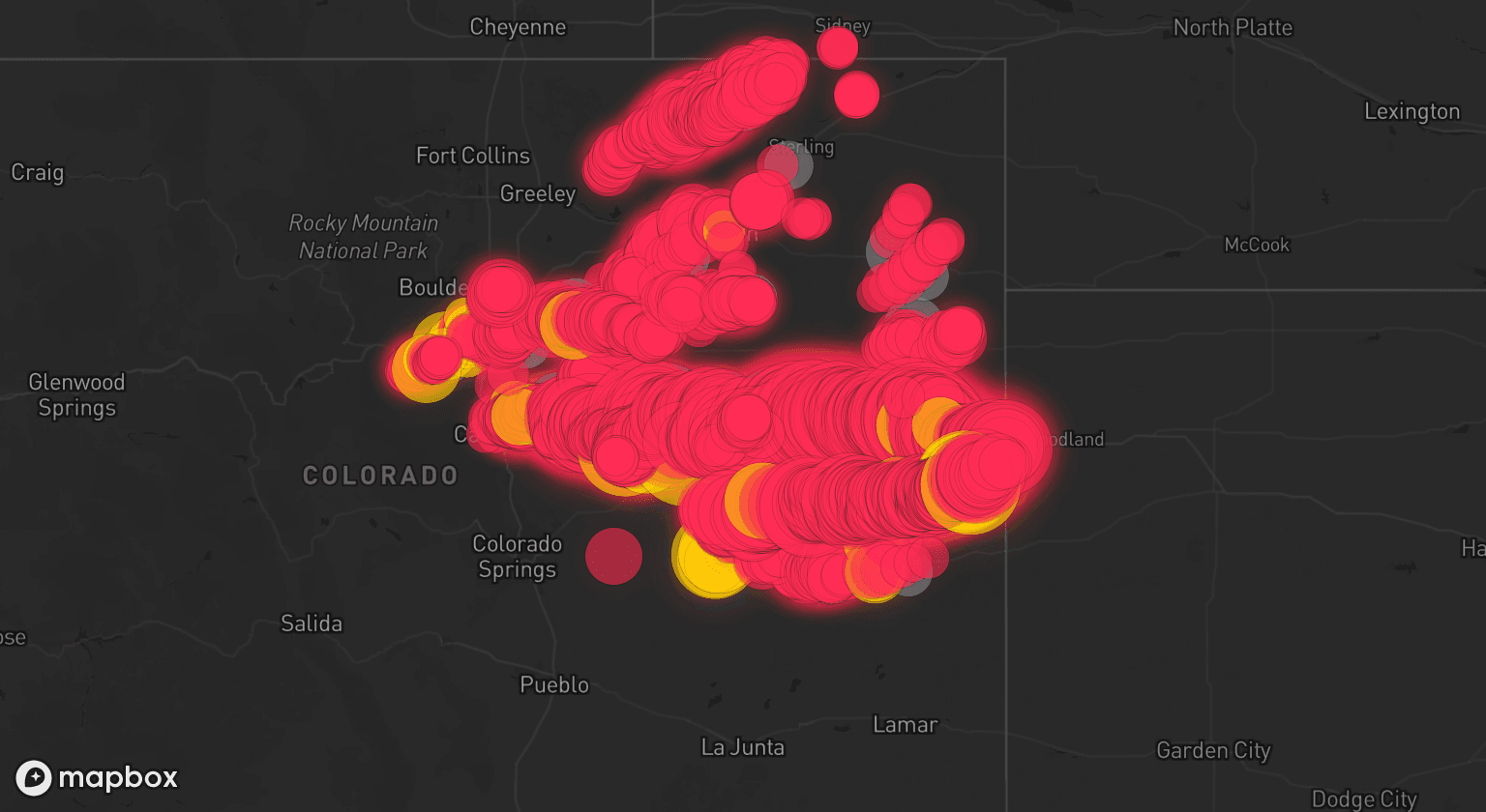 Storm map for 28 areas across Colorado