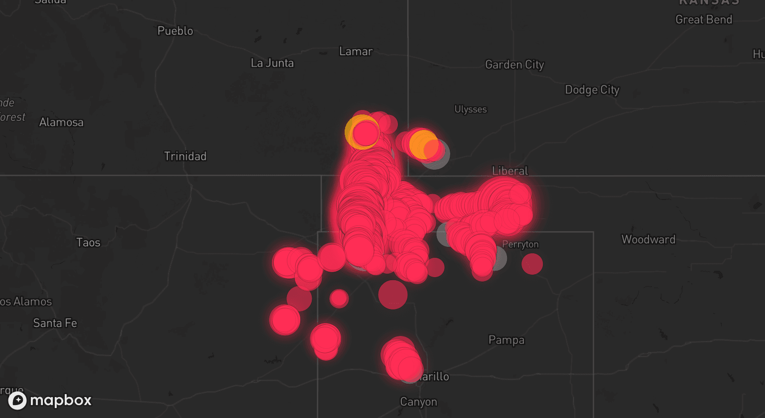 Storm map for 9 areas across Texas, Colorado, Oklahoma, and Kansas