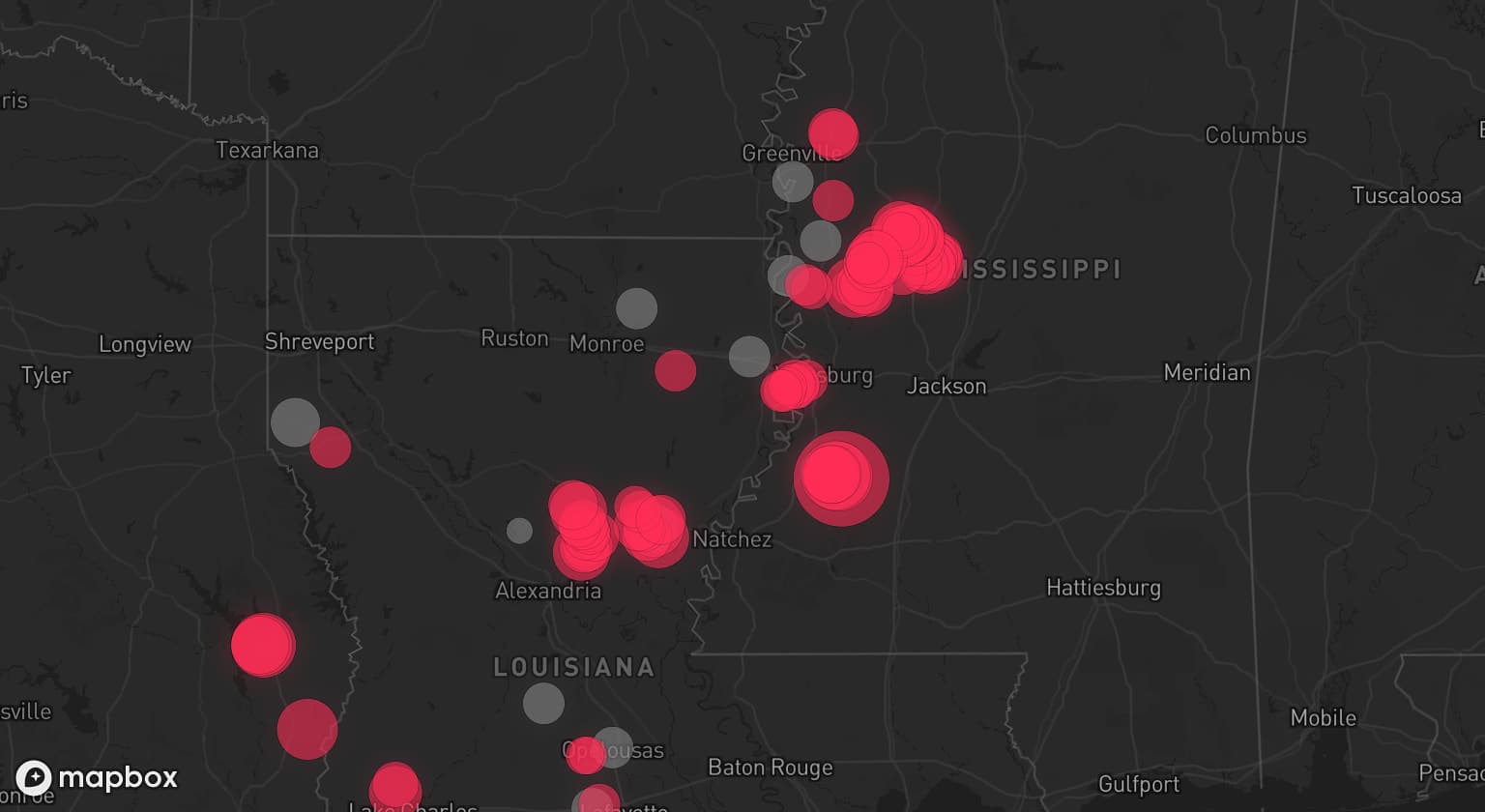 Storm map for 12 areas across Louisiana, Mississippi, and Arkansas