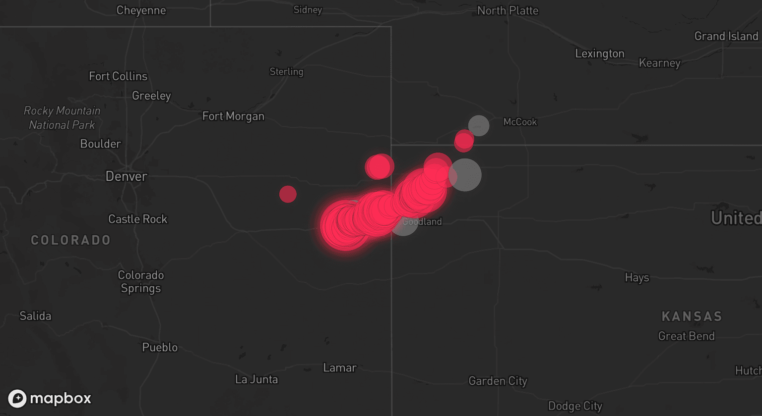 Storm map for 4 areas across Kansas, Colorado, and Nebraska