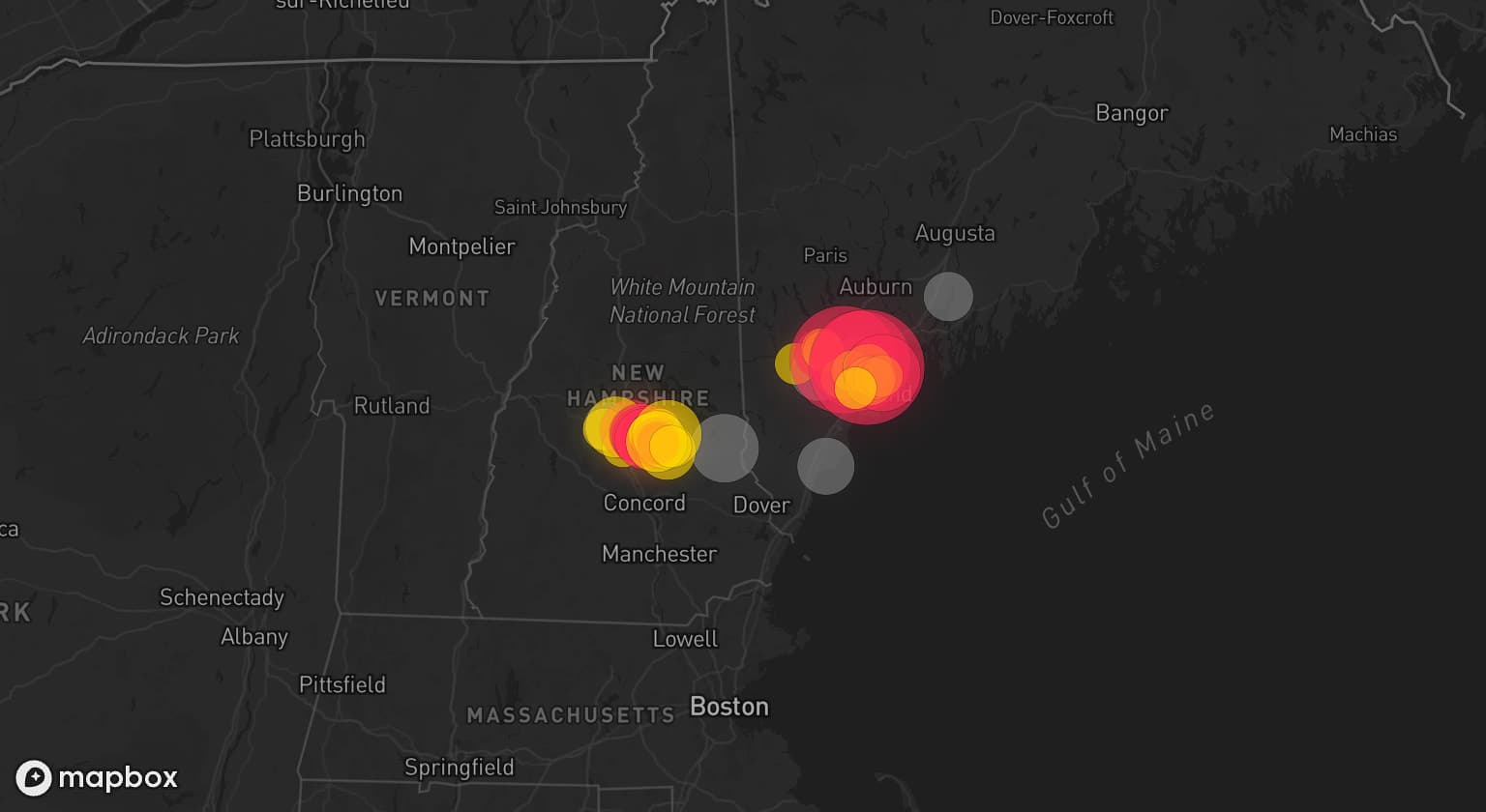 Storm map for 6 areas across New Hampshire and Maine