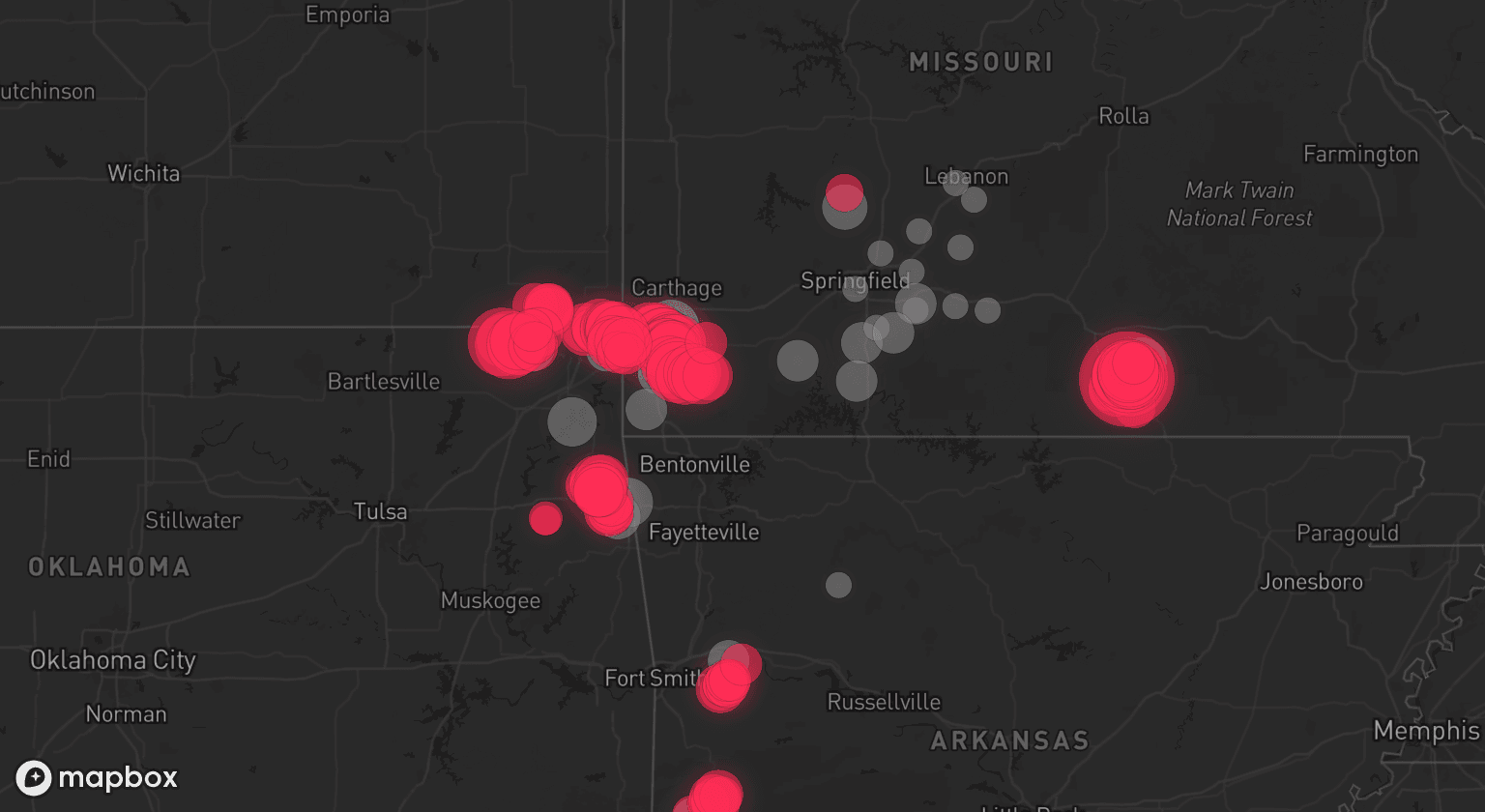Storm map for 29 areas across Missouri, Oklahoma, and Arkansas