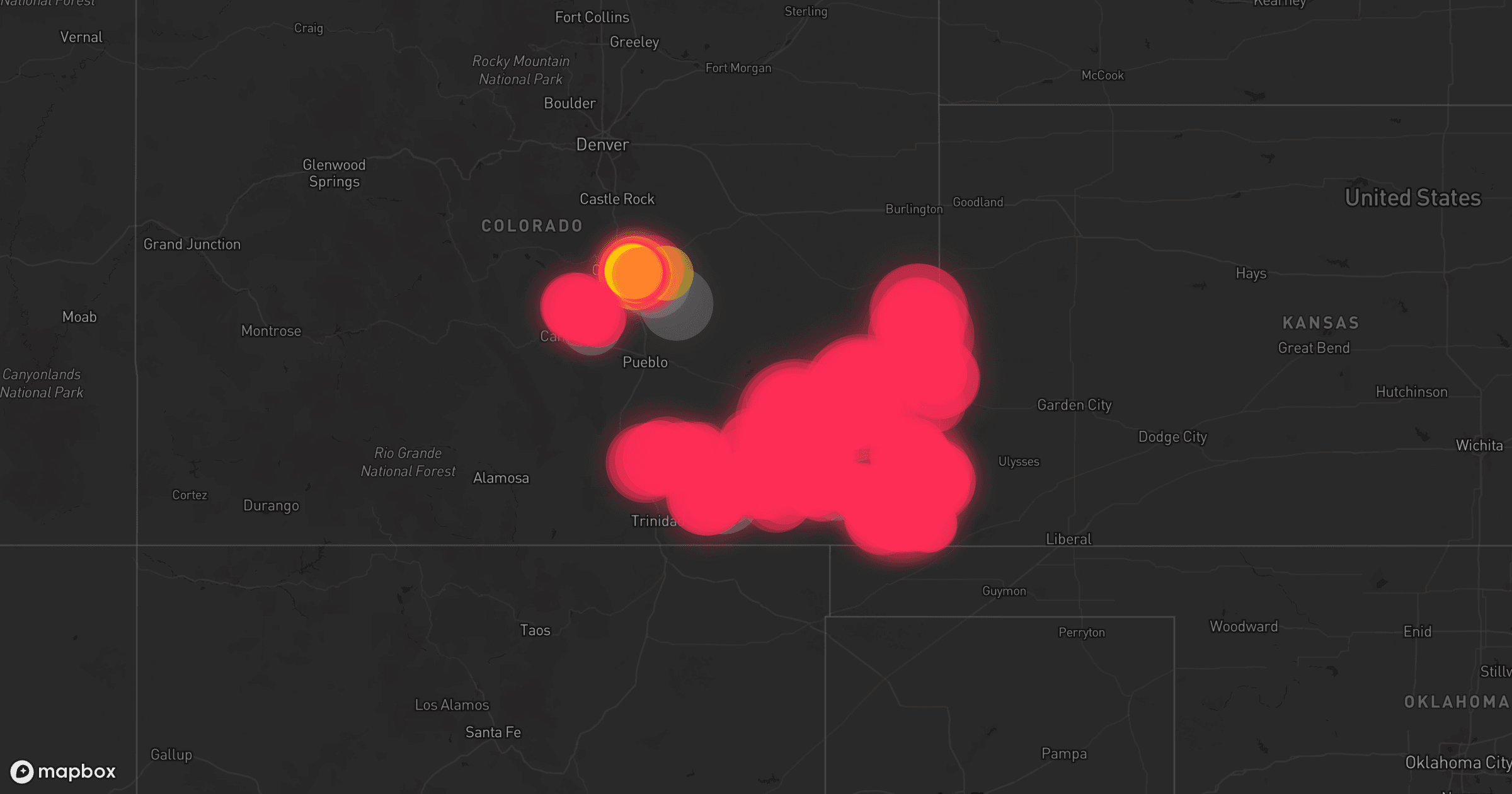 Storm map for 32 areas across Oklahoma, Texas, Colorado, Kansas, and New Mexico