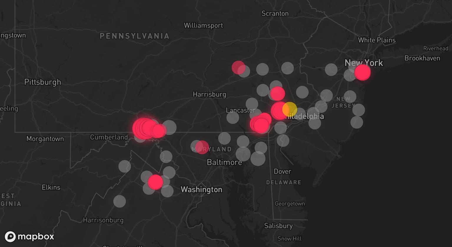 Storm map for 42 areas across Pennsylvania, Maryland, Virginia, New Jersey, Delaware, West Virginia, and New York