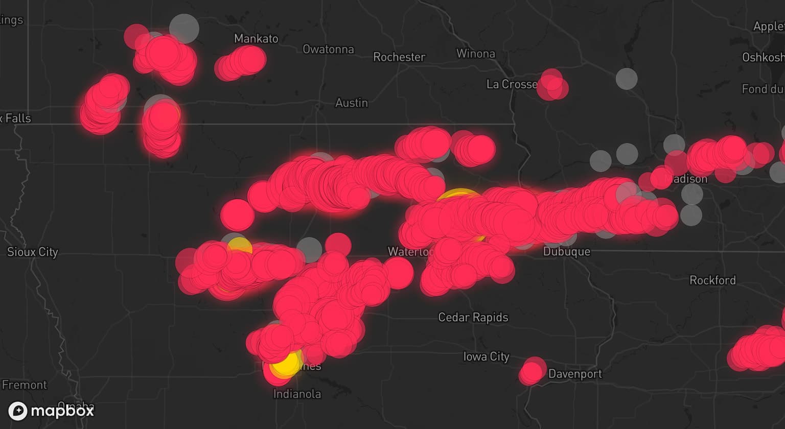 Storm map for 53 areas across Wisconsin, Iowa, Minnesota, and Illinois