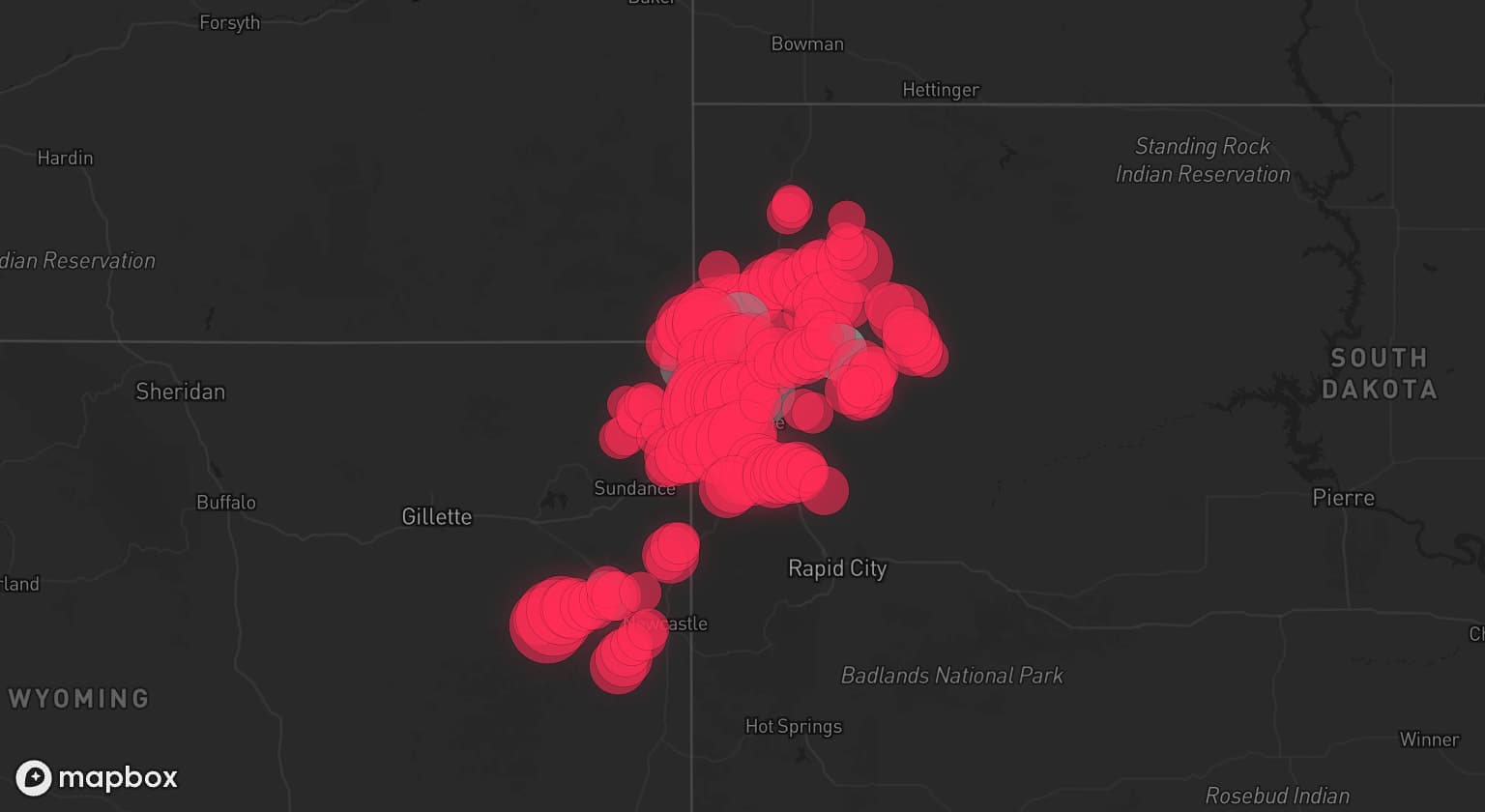 Storm map for 5 areas across South Dakota and Wyoming