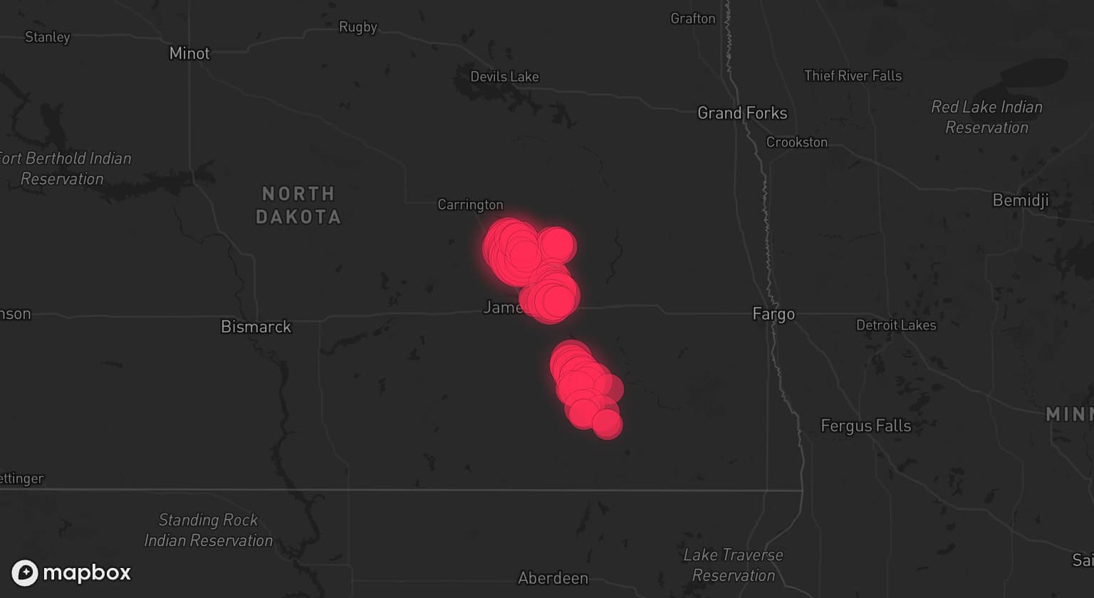 Storm map for 2 areas across North Dakota