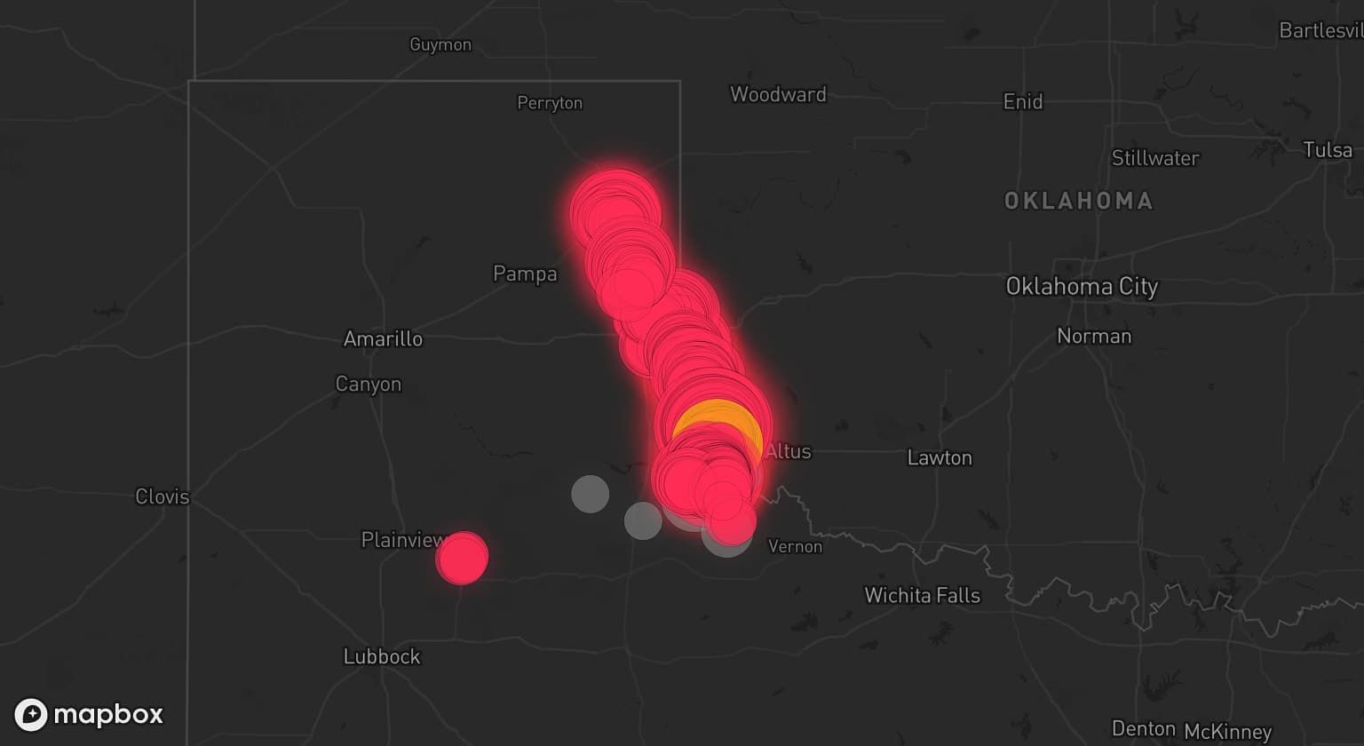 Storm map for 9 areas across Oklahoma and Texas