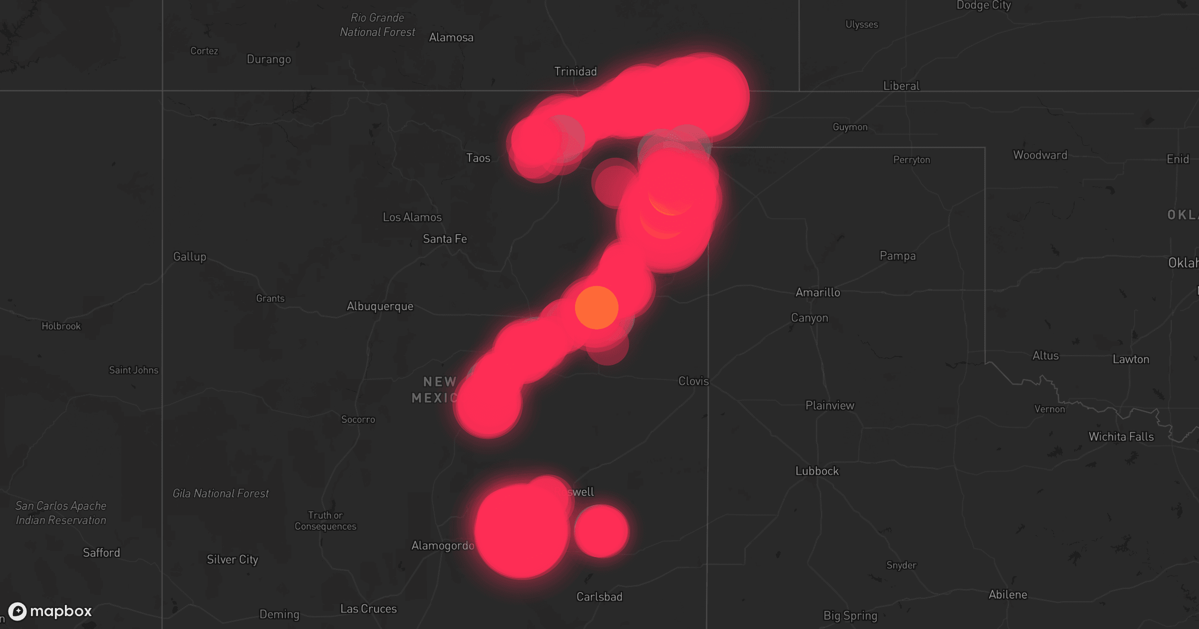 Storm map for 18 areas across New Mexico, Colorado, and Oklahoma