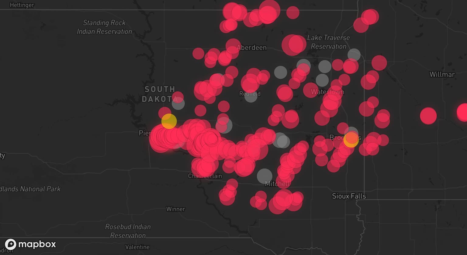 Storm map for 16 areas across South Dakota