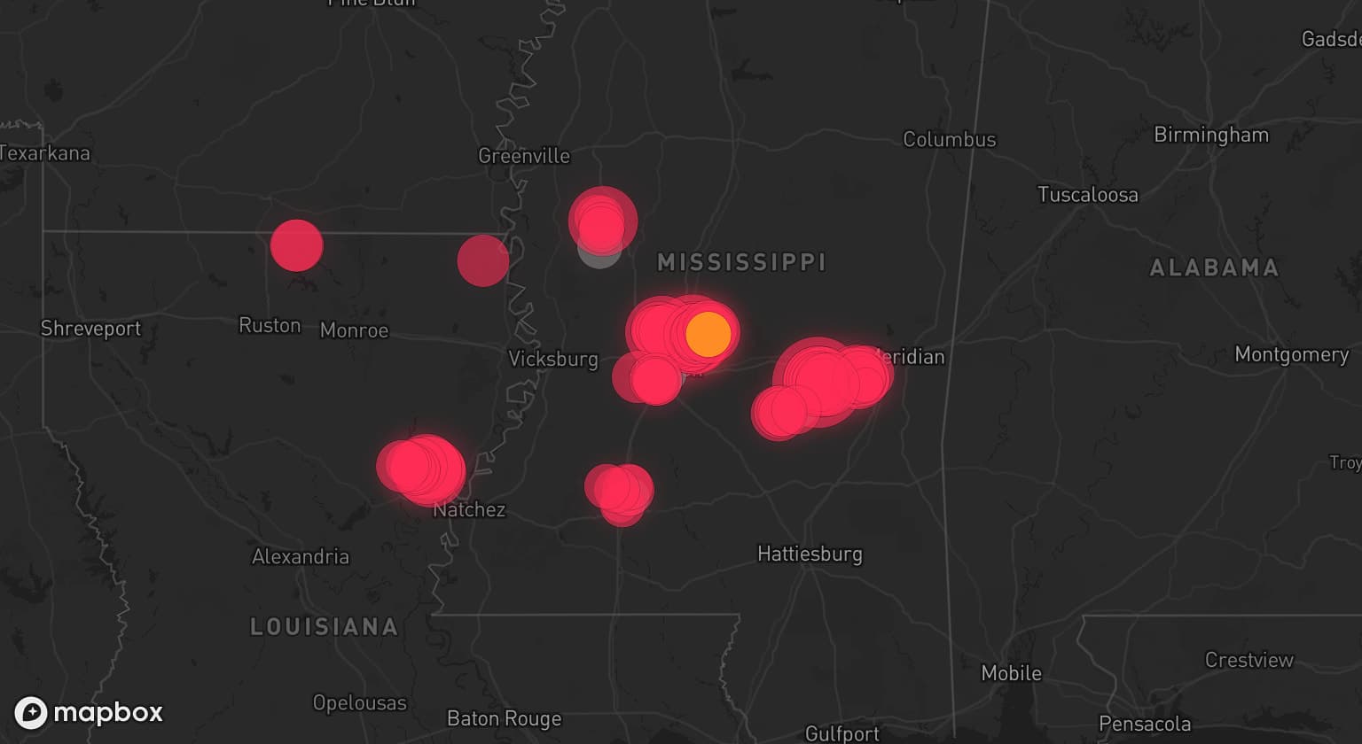 Storm map for 8 areas across Louisiana and Mississippi