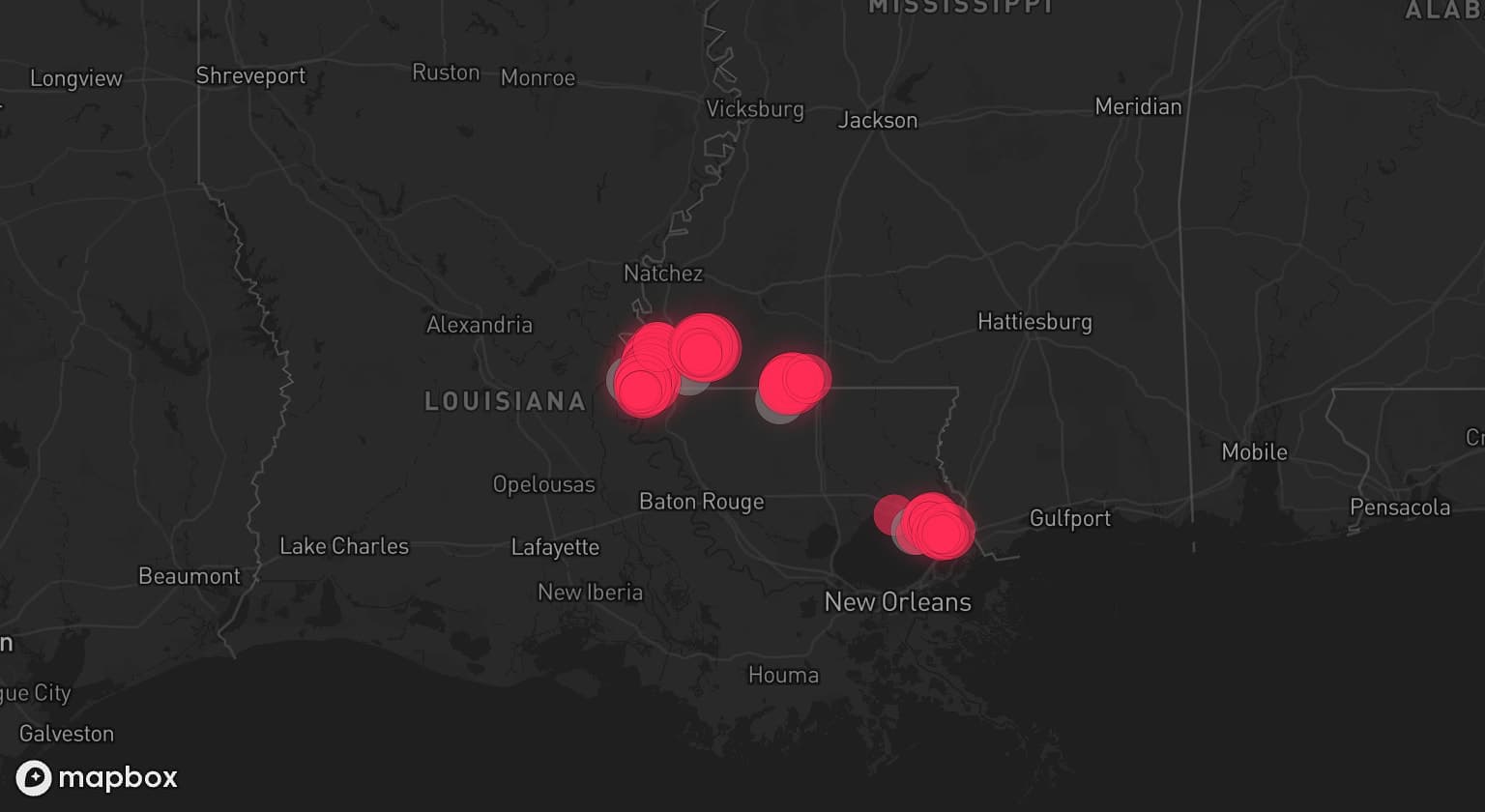 Storm map for 4 areas across Mississippi and Louisiana