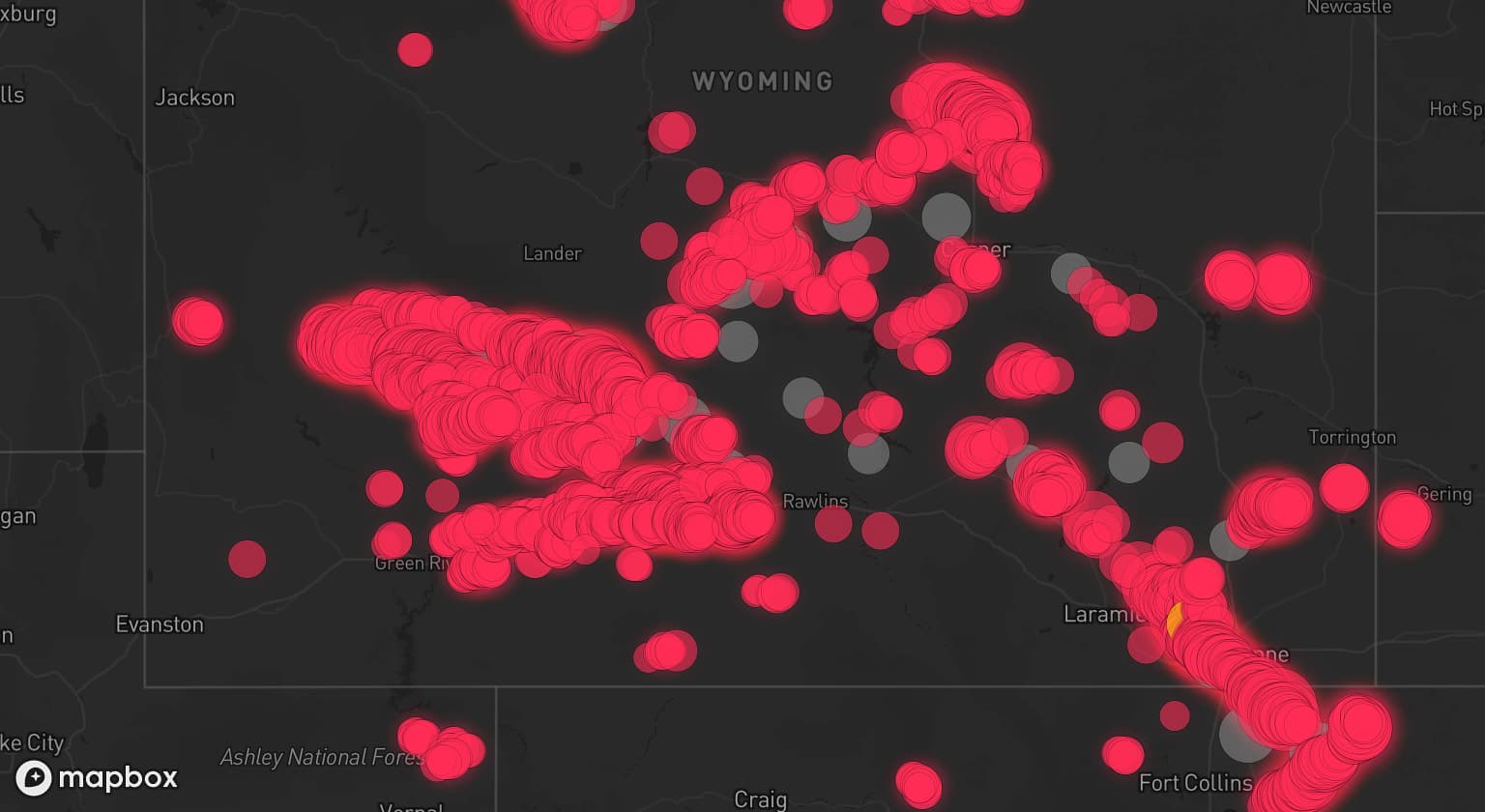 Storm map for 18 areas across Wyoming and Colorado