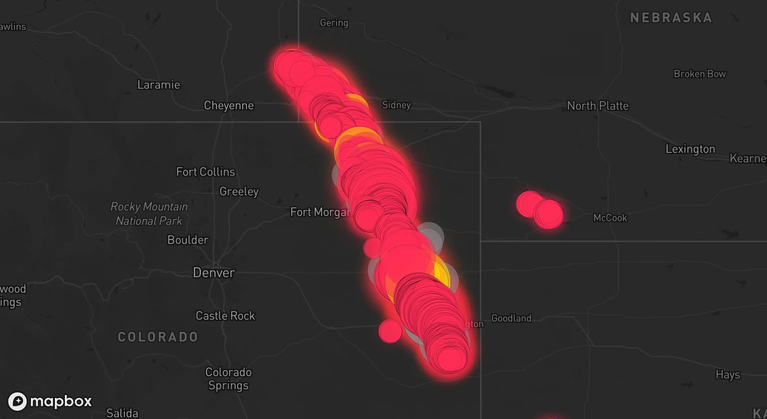 Storm map for 15 areas across Colorado and Nebraska