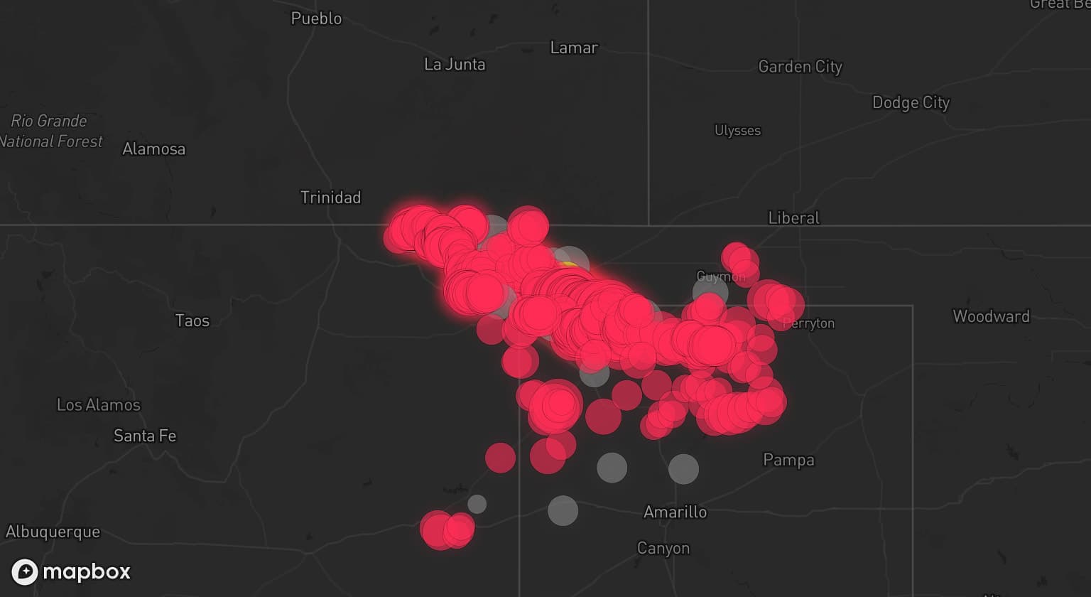 Storm map for 17 areas across Texas, New Mexico, and Oklahoma