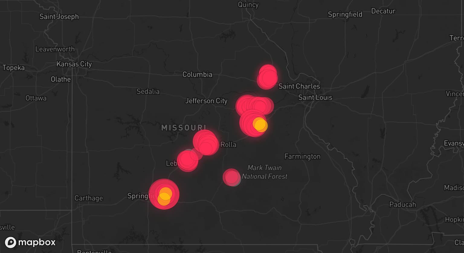 Storm map for 8 areas across Missouri