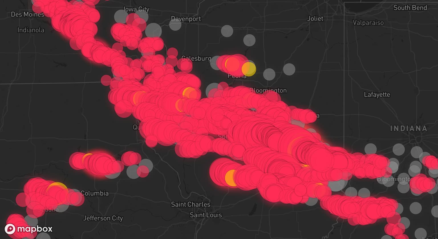 Storm map for 141 areas across Illinois, Missouri, Iowa, Indiana, Wisconsin, Kentucky, and Ohio