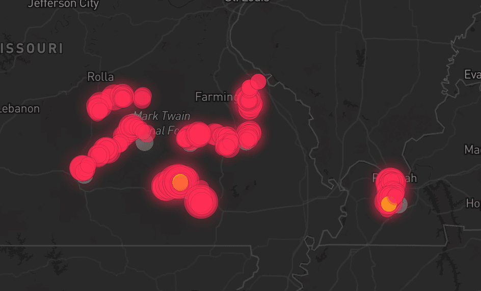 Storm map for 10 areas across Kentucky and Missouri