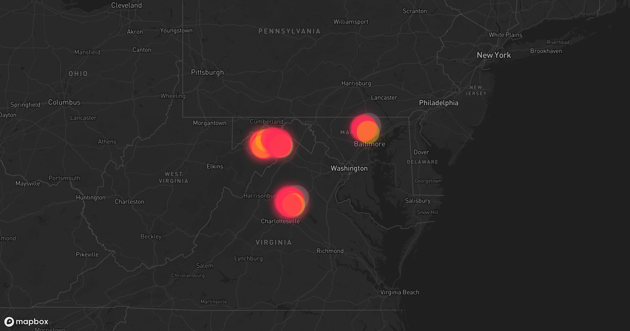 Storm map for 15 areas across West Virginia, Ohio, New Jersey, Pennsylvania, Virginia, and Maryland