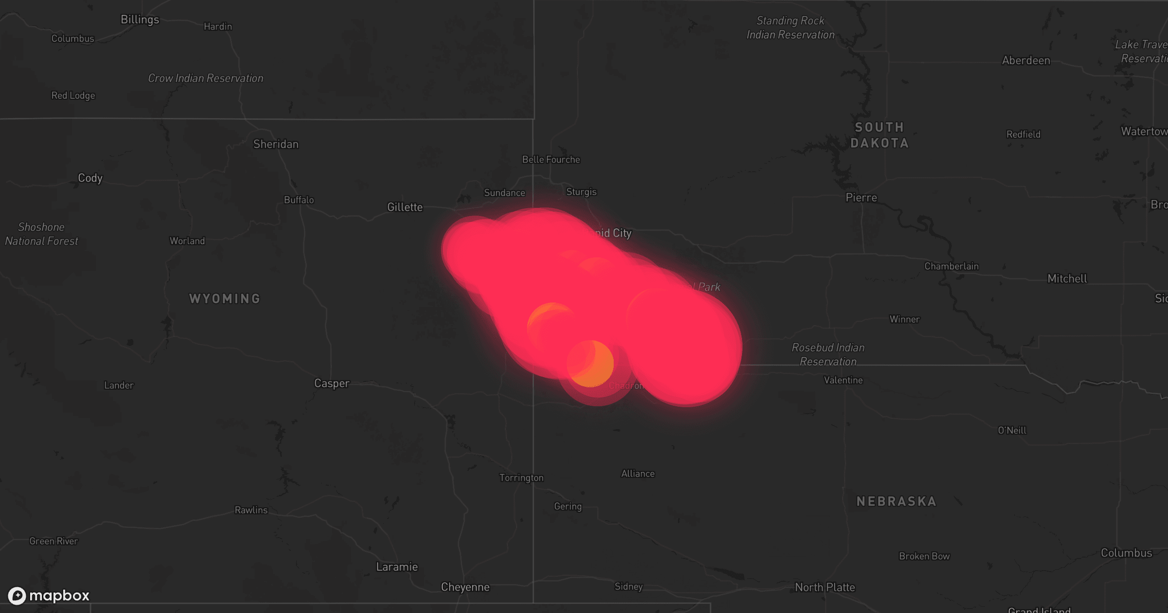 Storm map for 39 areas across Wyoming, Nebraska, and South Dakota
