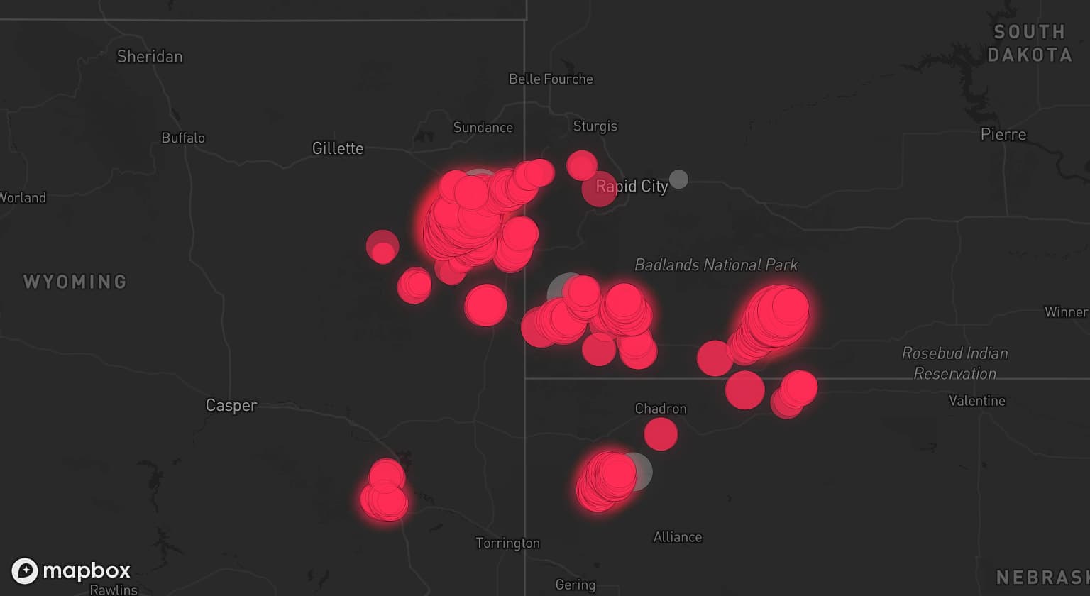 Storm map for 4 areas across Wyoming, South Dakota, and Nebraska