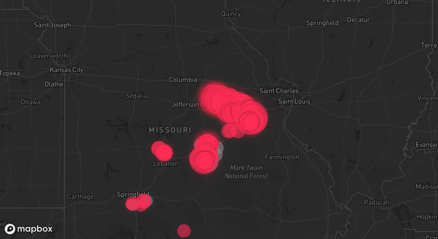 Storm map for 7 areas across Missouri
