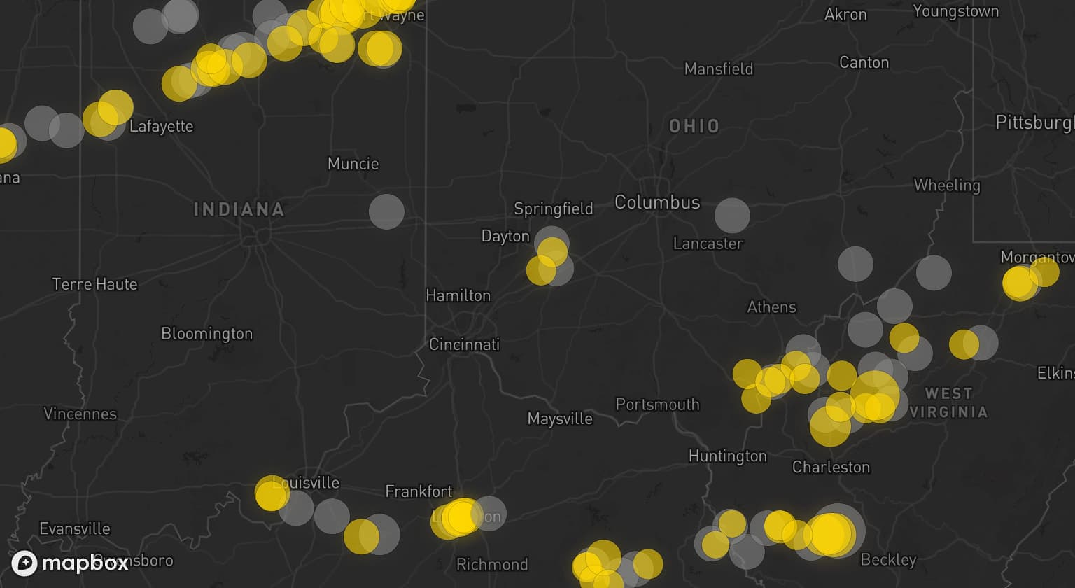 Storm map for 51 areas across West Virginia, Indiana, Kentucky, Ohio, and Illinois