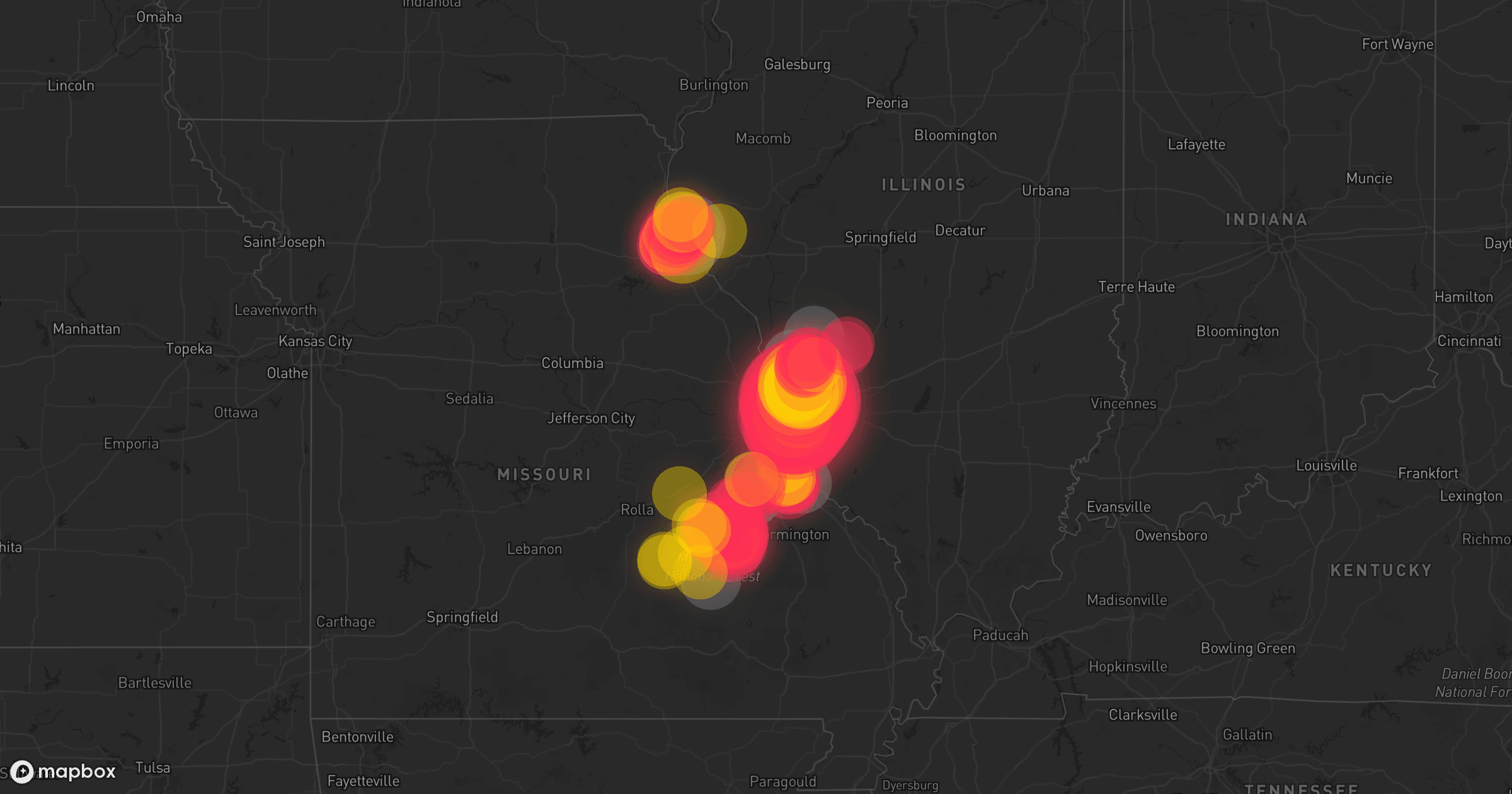 Storm map for 8 areas across Missouri and Illinois