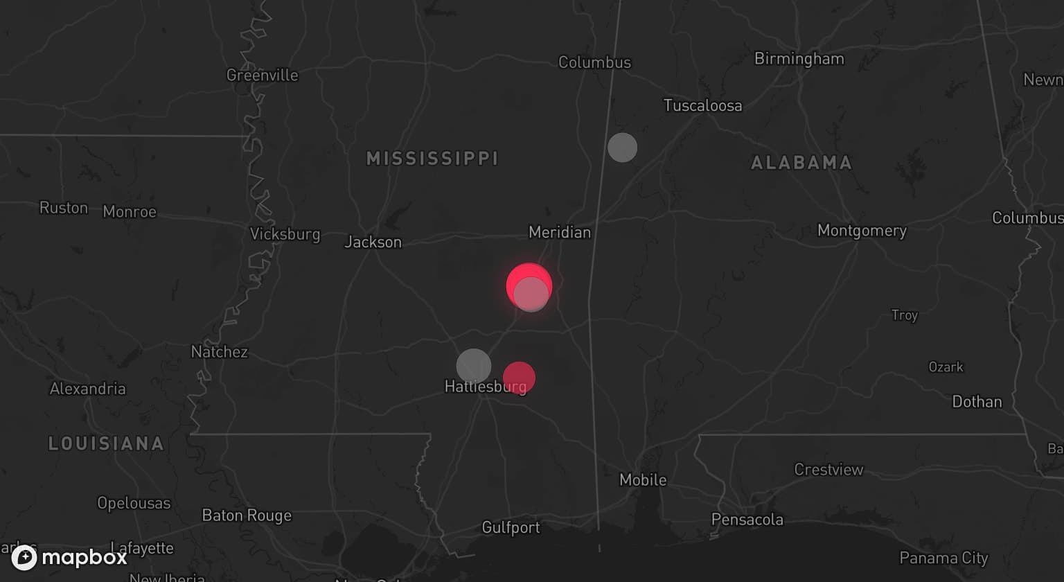 Storm map for 3 areas across Mississippi and Alabama