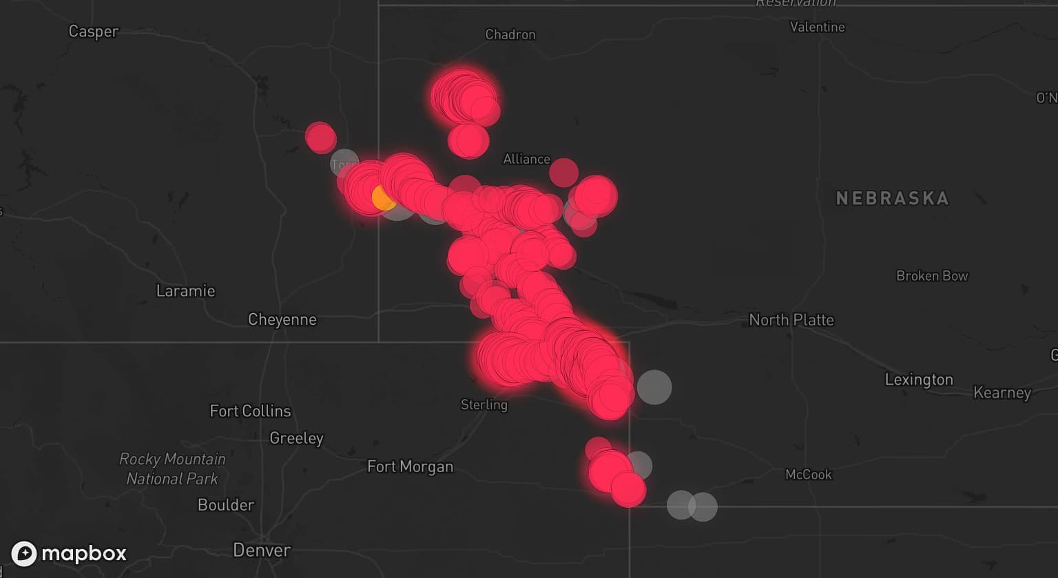 Storm map for 14 areas across Colorado, Nebraska, Kansas, and Wyoming