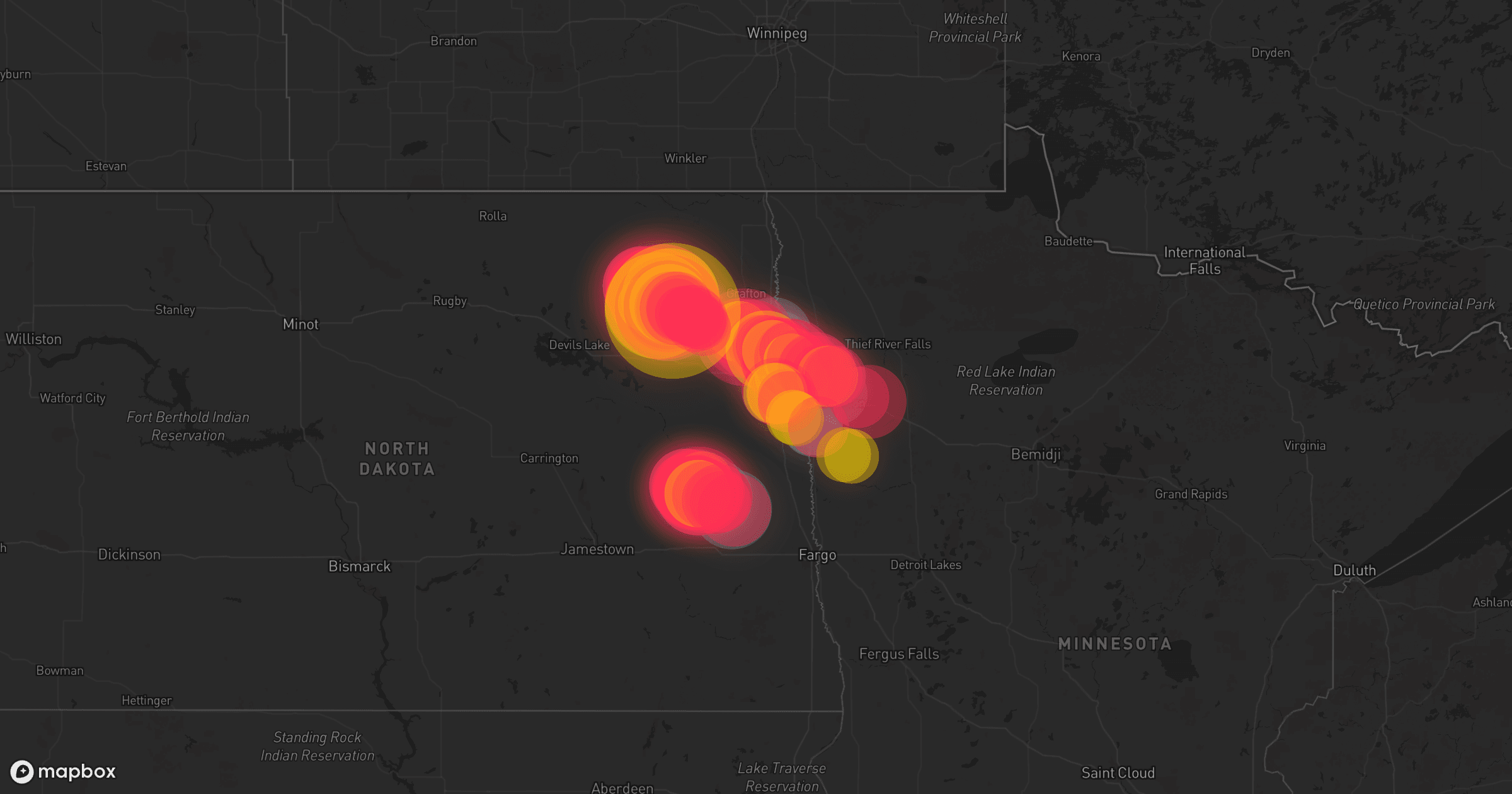 Storm map for 8 areas across North Dakota and Minnesota
