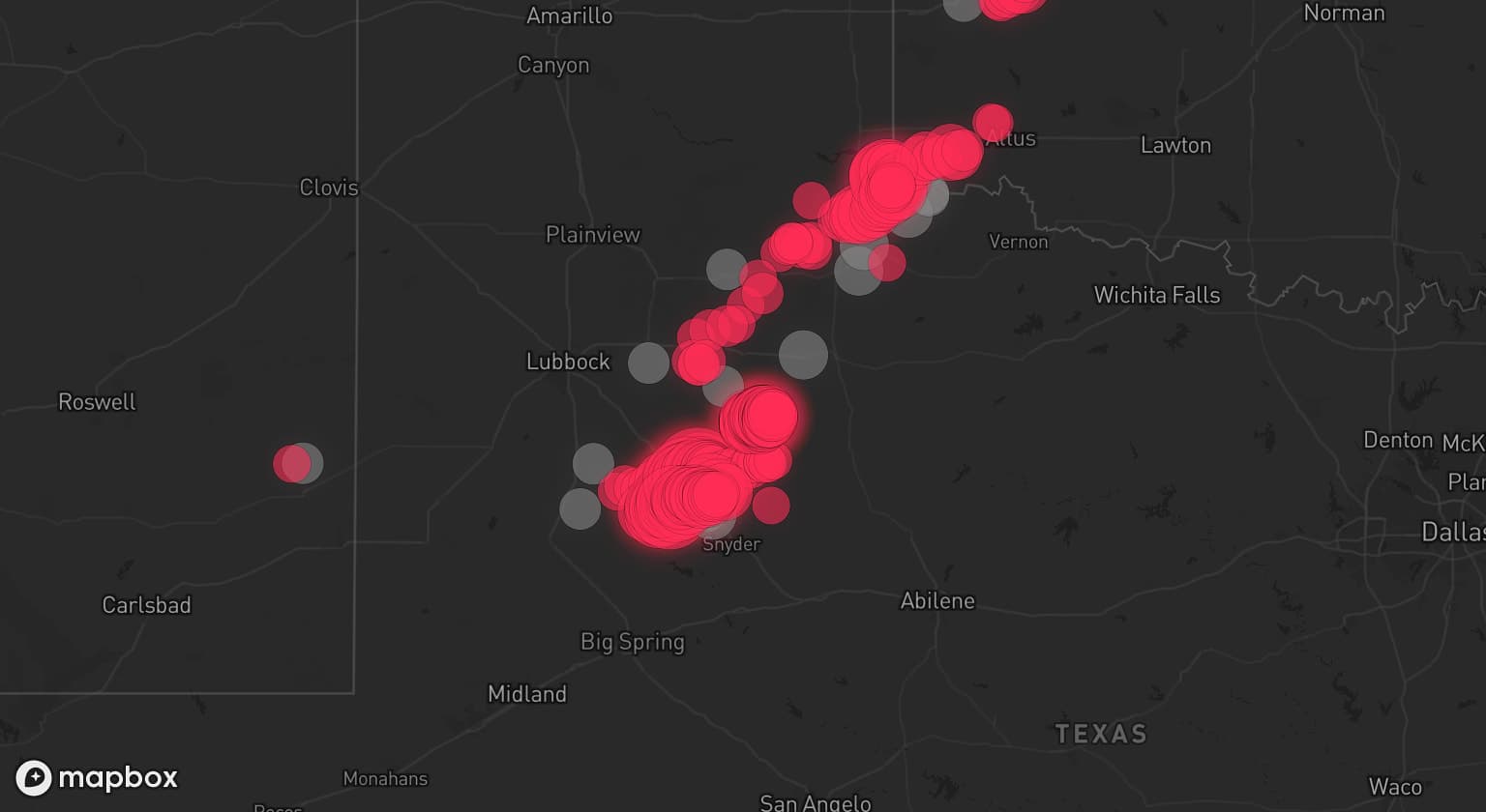 Storm map for 14 areas across Texas, New Mexico, and Oklahoma