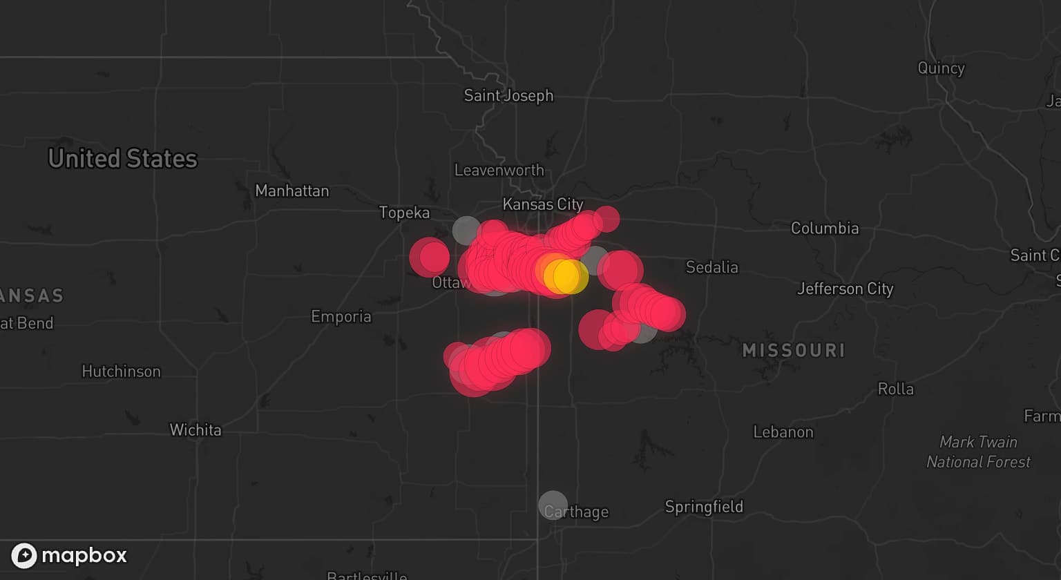 Storm map for 14 areas across Kansas, Missouri, Oklahoma, and Arkansas